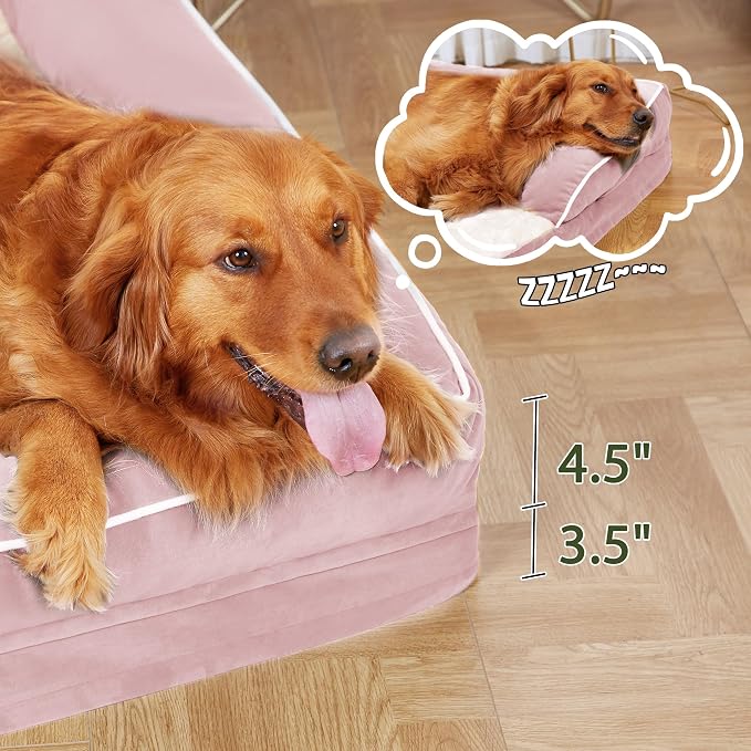 Orthopedic Dog Beds for Large Medium Sized Dogs, Waterproof Egg Crate Foam Large Dog Couch Beds with Comfy Bolster 36x27Inch, Washable Pet Beds with Removable Cover, Pink