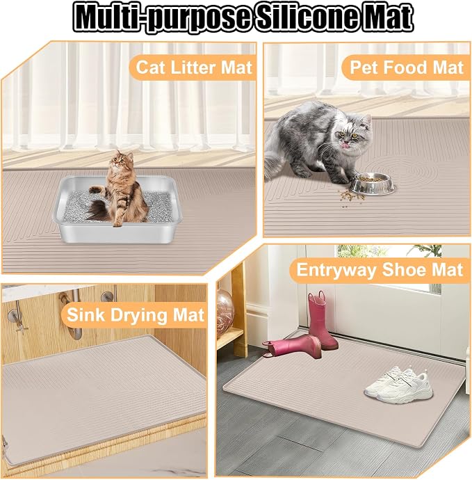 Silicone Cat Litter Mat, 50" x 36" Extra Large Litter Trapping Mat for Litter Box, Leak-Proof, Non-Slip, Kitty Litter Mats with Soft Texture for Floor, Keeping The Floor Clean (Khaki)