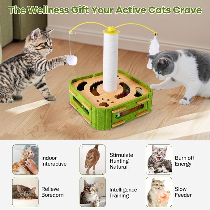 Cat Puzzle Box Toy for Indoor Cats Boredom Relief Interactive Wooden Cat Enrichment Maze with Jingle Balls, Feather Wands & Spiral Springs, Slow Feeder Treat Dispenser for Kittens & Adult Cats