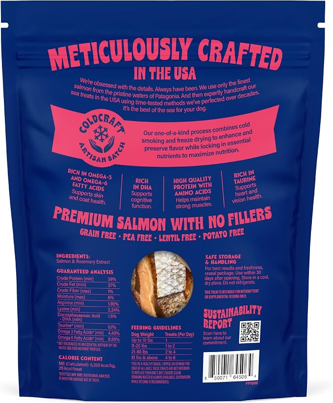 Finfare Freeze Dried Salmon Skin Treats for Dogs, Protein & Omega-3s, Grain Free Salmon Dog Training Treats, Crafted in USA, Strips - 9oz