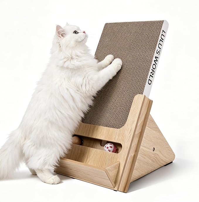 Lulu's World Cat Scratcher with Wooden Stand, Replaceable Scratching Cardboard with Ball Toy for Indoor Cats,Cat Scratch Pad Wall Mounted for Indoor