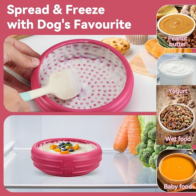 Dog Lick Bowl, Animire Freeze Lick Mat for Dogs, Non-Slip Slow Feeder Licking Bowl Enrichment Treat for Distraction Anxiety Relief, Food Grade Silicone, Dishwasher Safe(Rose,L)