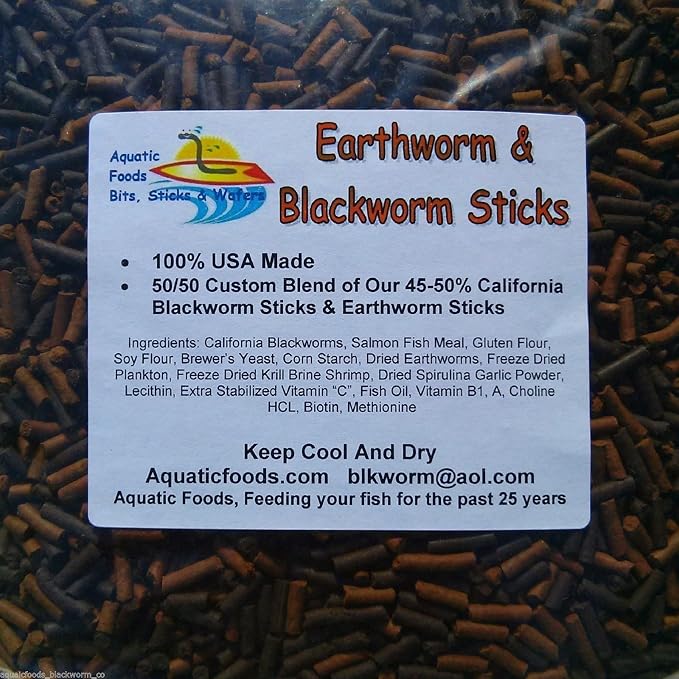 California Blackworm & Earthworm Sinking Sticks, APX 1/8" x 7/16" Sticks. Great for Carnivores, Plecos, Catfish, Shrimp, Snails All Bottom Fish, Turtles, All Tropical Fish - 1/4-lb