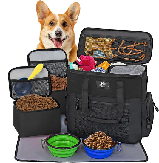 WOLT Dog Travel Bag Dog Bag for Traveling and Supplies with 2 Collapsible Bowls, 2 Food Containers, 1 Place Mat, Black