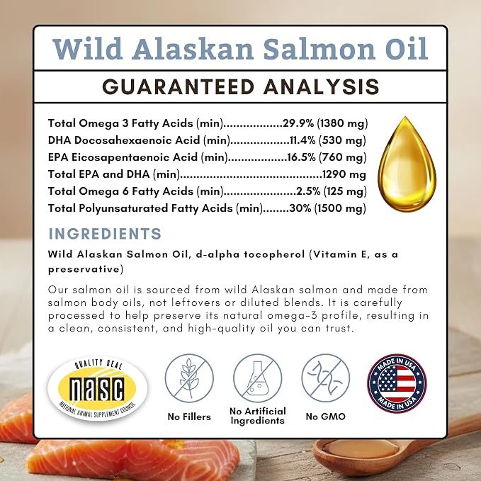 Wholistic Pet Organics Wild Alaskan Salmon Oil for Dogs and Cats - Omega 3 Fish Oil for Dogs & Cats - Cat & Dog Skin and Coat Supplement for Heart, Joints - DHA, EPA Omega 3 Liquid Food Topper - 4 oz