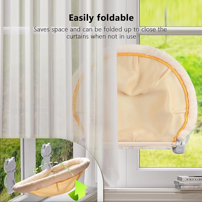 JUNSPOW Cat Window Perch Cordless, Foldable & Stable Cat Beds- Breathable Cat Window Hammock for Overlooking, Sunbathing and Climbing - Maximum Hold Up to 40lb