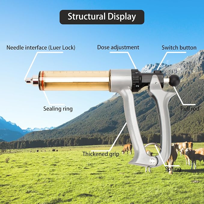 50ML Semi-Automatic Adjustable Injector Syringe, Precision Syringe Pump - Adjustable 1ml to 5ml Range for Fast Continuous Injection in Pigs, Cattle, Chicken, Goat, and Other Livestock