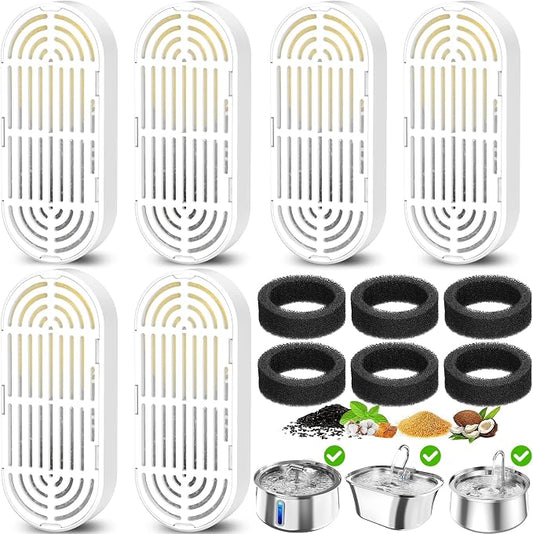 Cat Water Fountain Filters for 108/3.2L& 4L/134oz Stainless Steel Pet Water Dispenser Fountain Filters (6 Filters& 6Sponges)