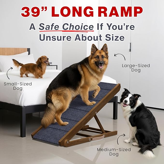 Adjustable Dog Ramp for Bed - 39" Long Foldable Wooden Ramp for Dogs to Get on Bed, Couch, or Car with 13.4" Wide Walking Space (Walnut Wood with Gray Carpet)