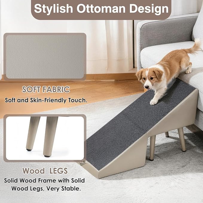 Split Ottoman Dogs Ramp, Dog Ramp for Couch and Bed, Dog Stairs for Small Dogs and Cats, 2-in-1 Foldable Wooden Pet Stairs and Ottoman,Non-Slip Fabric Surface Ramp for Couch and Bed Gray