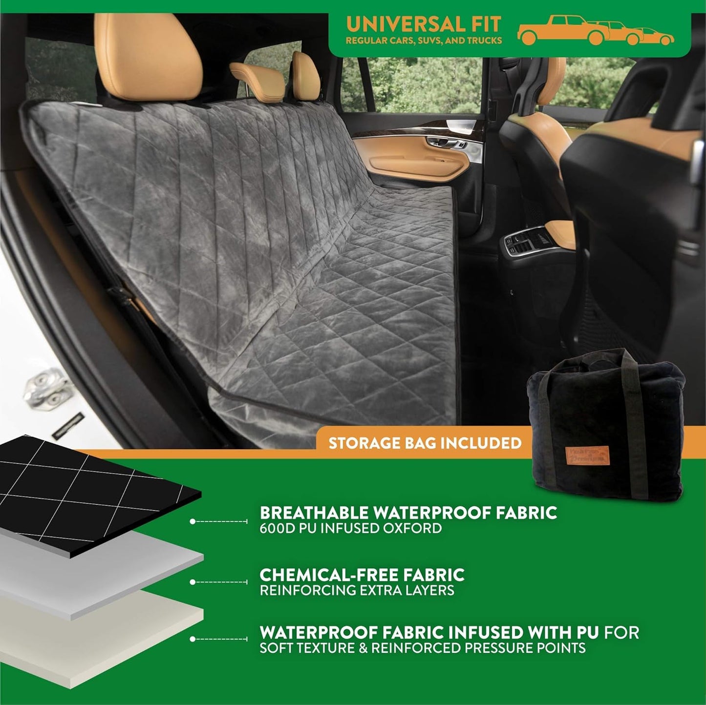 Plush Paws Products Velvet Rear Car Seat Protector w/Hammock | Washable & Waterproof Back Seat Dog Cover for Car, Truck, & SUV | Nonslip, Tear Resistant Pet Seat Cover | X-Large London Grey