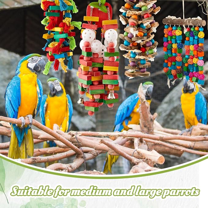 Seenelling 4 Pcs Extra Large Bird Parrot Toy Multicolored Natural Wooden Parrot Cage Chewing Toys for Large Medium Macaws Cockatoos African Grey Birds (Block and Ball)