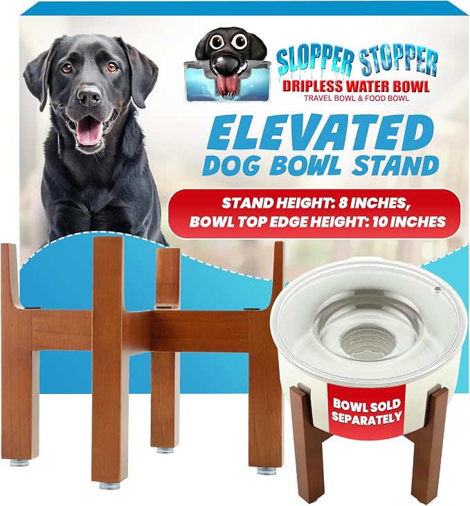 Slopper Stopper Elevated Single Wooden Dog Bowl Stand – Easy Assembly with 1 Bolt and Adjustable Feet, Made from New Zealand Pine Finish, Fits Slopper Stopper 1-Gal Bowls, The Original Slobber Stopper