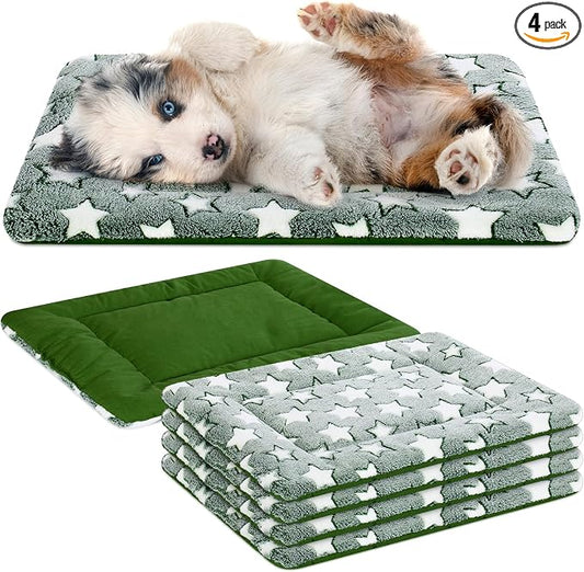 VitalCozy 4 Pcs Dog Crate Pads, Ultra Soft Warm Washable Anti-Slip Kennel Bed Mat for Pets, Reversible, Replaceable, Cage Liner for Small Medium Large Dogs and Cats(18 x 24 x 1.6 Inch,Star,Green)