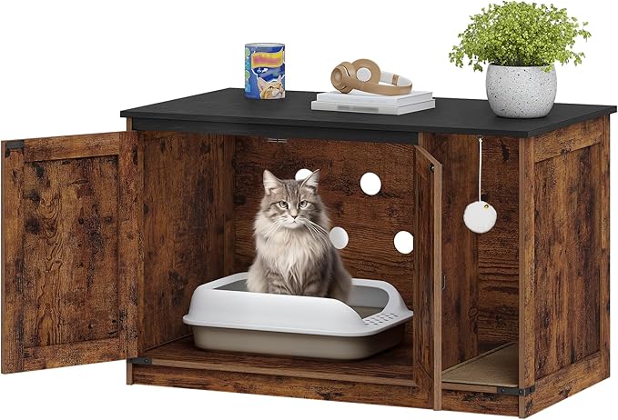Hzuaneri Cat Litter Box Enclosure, Hidden Litter Box Cabinet Furniture with Bell, Indoor Cats House, Farmhouse Style, 39.4 x 21.7X 24.8 Inches for Hallway, Bedroom, Rustic and Black CB85201X