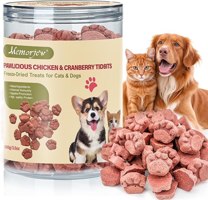Memorjew 100g Chicken & Cranberry Freeze- Dried Blend for Cats & Dogs, Natural Grain-Free Nutritious Snack, No Artificial Additives(Chicken & Cranberry 100g)