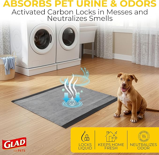 Glad for Pets Black Charcoal Puppy Pads 23x23 Inch 6-Layer Leak-Resistant Activated Carbon Odor Control Pheromone Attractant 14 Count