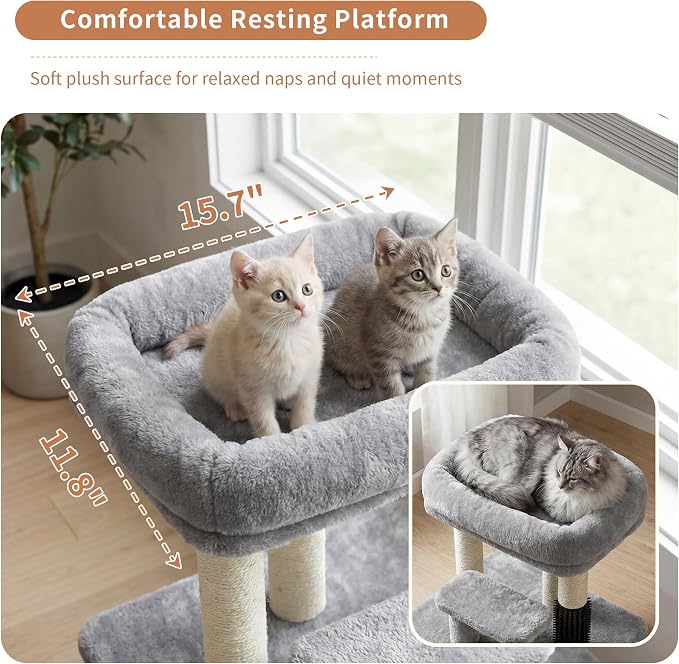 Heybly Cat Scratching Post, Small Cat Tree Tower with 3 Full Sisal Posts, Removable Plush Bed, Grooming Brush, Stable & Space-Saving Cat Furniture with Gentle Step for Indoor Cats, Light Gray HSP001SW