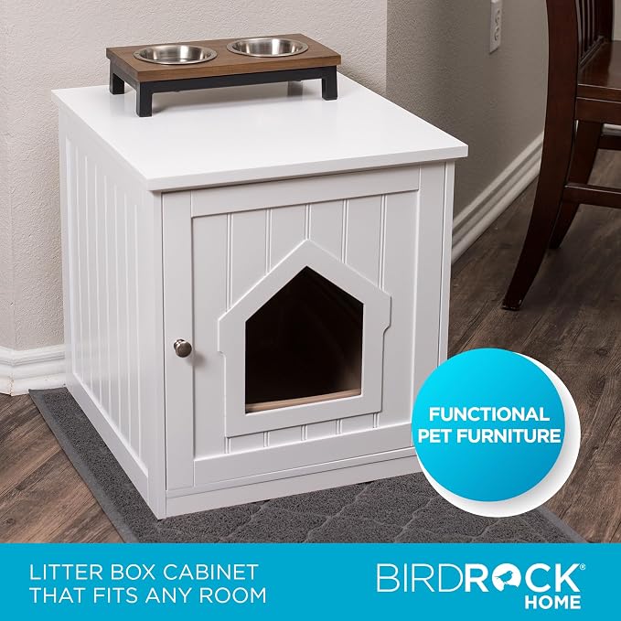 BIRDROCK HOME Cat Litter Box Furniture Enclosure - Hidden Kitty Litter Cat House with Hinged Door, Nightstand, Side Table & Pet Crate, Indoor & Outdoor Wood Cabinet for Small Cats and Dogs - White