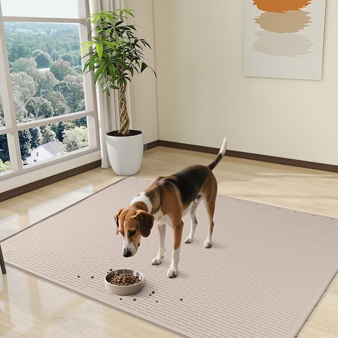 Dog Food Mat, Extra Large 70" x 45" Silicone Pet Feeding Mat with Raised Edge Pet Placemat for Small, Medium, and Large Pets Non-Slip, Easy to Clean (Khaki)