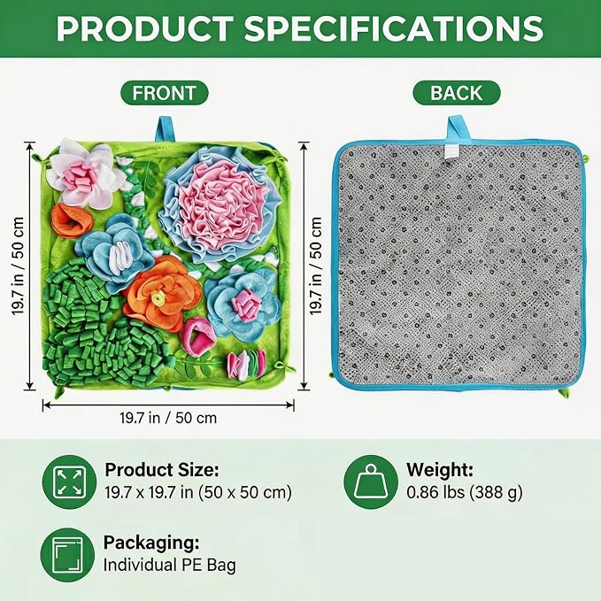 Heavy-Duty Snuffle Mat for Dogs, 19.7" Non-Slip Foraging Mat with Table-Fixing Straps, Interactive Dog Puzzle Toy for Slow Feeding, Mental Enrichment for Large & Small Dogs