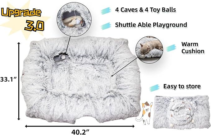 XxingSheep 4 Cave Shuttled XL Cat Tunnel Bed for Indoor Cats Peekaboo Toy Donut with Warm Mat