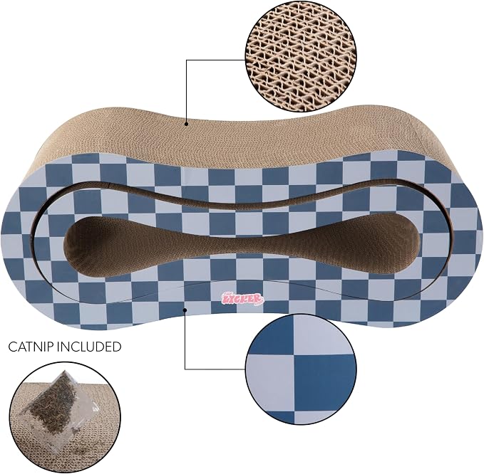 Suvi 26" Modern Cardboard Infinity 2-in-1 Lounge Bed Cat Scratcher with Catnip, Navy/Blue Checker, Corrugated Surface and Tunnel for Indoor Cats CSR1014J