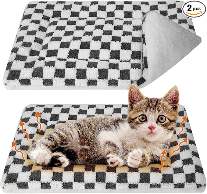 VitalCozy 2 Pack Self Warming Cat Mat Self Heating Pad Bed Reversible Machine Washable Reflects Body Heat Warm Thermal Pet Pad Crate Blanket for Feral and Indoor Cat (Dark Grey,21" X 14",Plaid)