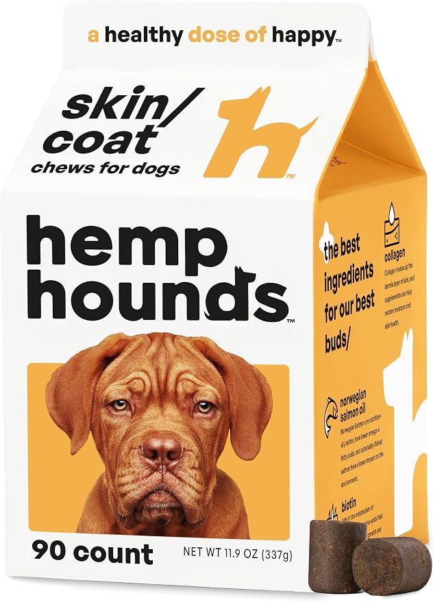 Hemp Hounds - Adaptogenic Skin and Coat Chews for Dogs - 90 Chews - Nutrient Rich Dog Allergy Relief - Omega 3-6-9 - Norwegian Salmon Oil - Collagen - Turmeric - Beef Flavor - Dog Itch Relief