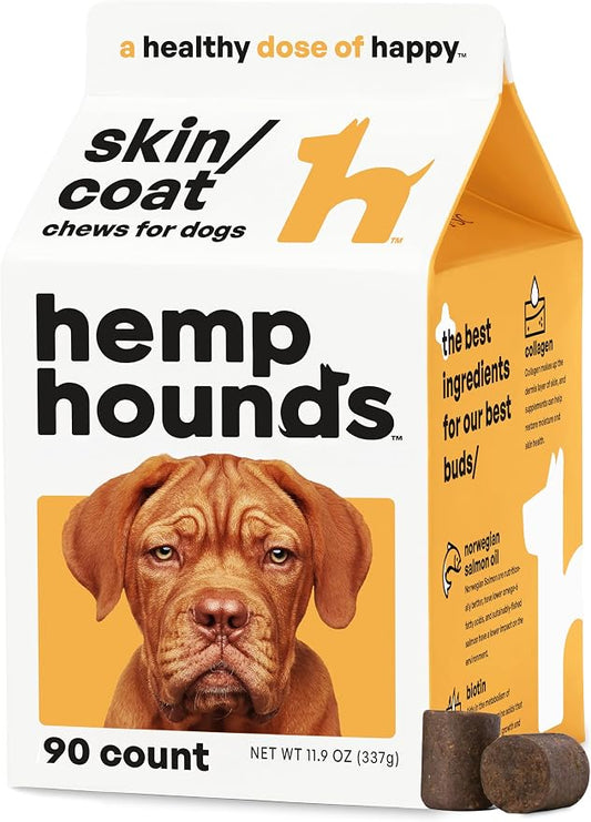 Hemp Hounds - Adaptogenic Skin and Coat Chews for Dogs - 90 Chews - Nutrient Rich Dog Allergy Relief - Omega 3-6-9 - Norwegian Salmon Oil - Collagen - Turmeric - Beef Flavor - Dog Itch Relief