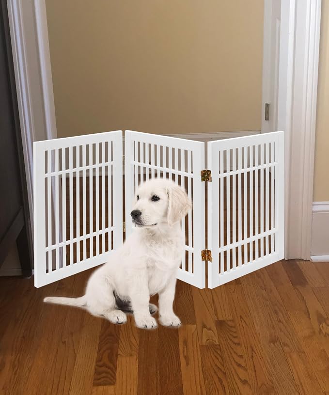Urnporium Freestanding Wooden Dog Gate for Doorways – Foldable Acacia Wood Pet Gate, No Drill Portable Indoor/Outdoor Puppy Fence Barrier (White Pet Gate, 3 Panel 24" Tall)