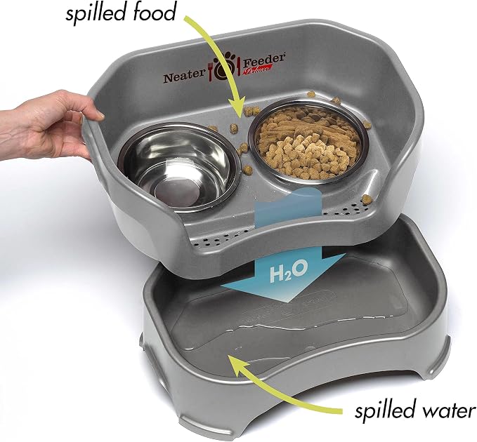Neater Feeder Deluxe Mess-Proof Elevated Dog Bowls for Large Dogs (40+ lbs), 2 Height Adjustable (14.5” & 17.5”) No-Spill Raised Dog Bowl Stand, Stainless Steel Food Bowl Set, Made in USA, Gunmetal