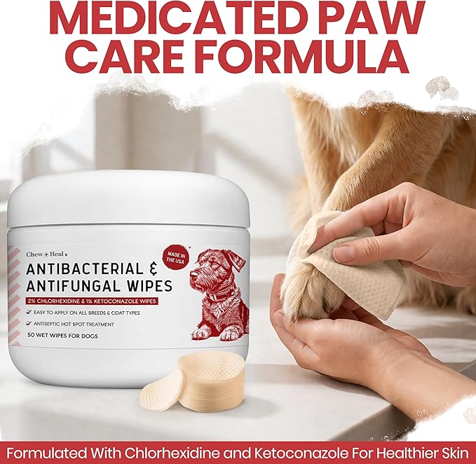Soothing Dog Paw Wipes for Itchy Skin - Antibacterial and Antifungal Formula With Chlorhexidine and Ketoconazole - Daily Paw Cleaning Alternative to Shampoos - All Breeds | 50 Count | Made in the USA
