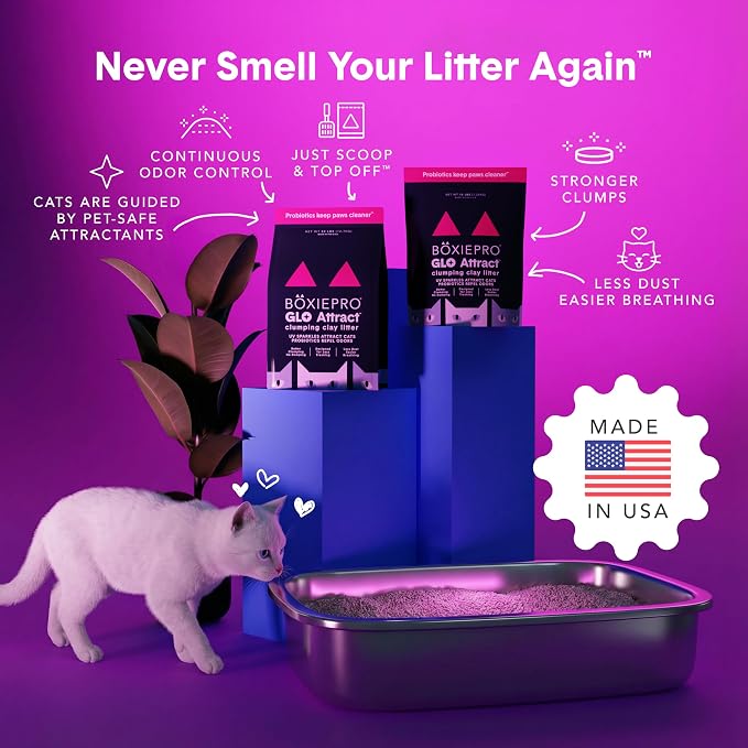 Boxie Glo Clumping Clay 30 Day Odor Control Cat Litter, 99.9% Dust-Free, Low Tracking, UV Light Attractant, 16 lb
