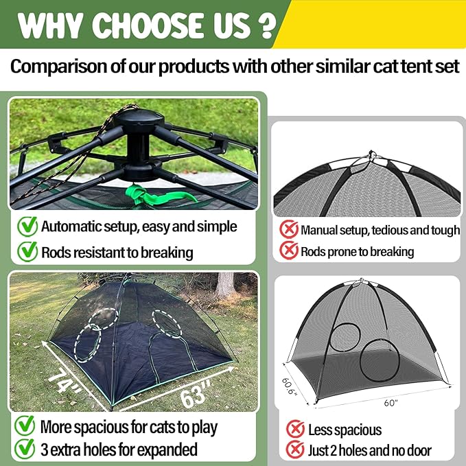 Pawtenda 3-in-1 Outdoor Cat Enclosures, Portable Catio Green Cat Tents for Outside, Cat Tents with 1 Dome Tent,1 Straight Tunnel and 1 Cube, Outdoor Cat Playpen for Cats, Rabbits and Other Animals