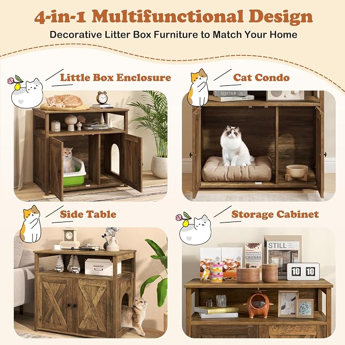 PETSITE Cat Litter Box Enclosure, Farmhouse Litterbox Enclosure Furniture with Double Doors and Open Shelf, Wooden Cat Hidden Litter Box Buffet Cabinet, Retro Style Litter Box Cabinet