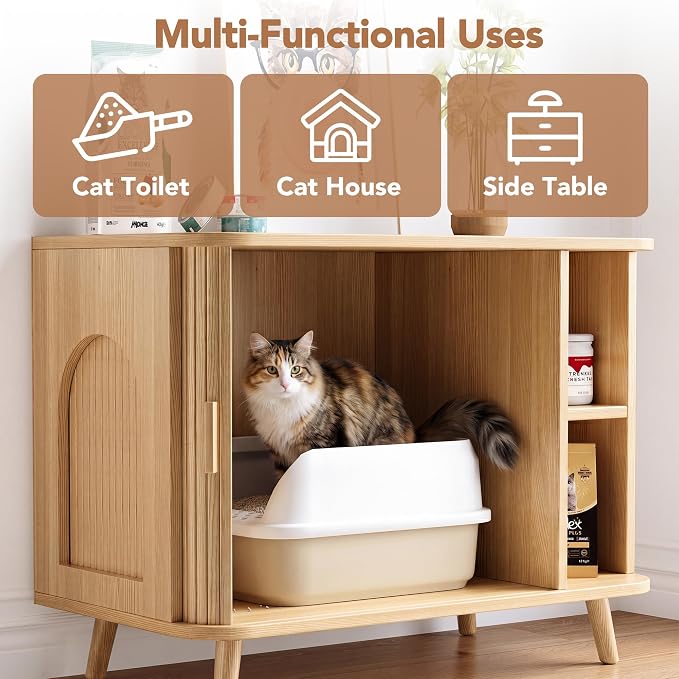 35.4" Cat Litter Box Enclosure with Sliding Door – Wooden Hidden Litter Box Furniture with 2-Layer Shelves, Side End Table for Living Room, Oak