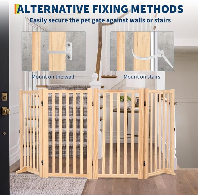 Wooden Freestanding Dog Gate, Foldable Pet Gate with Support Feet, Indoor Dog Fence for The House,Doorways, Stairs，Expandable Pet Fence -4 Panel H:36”