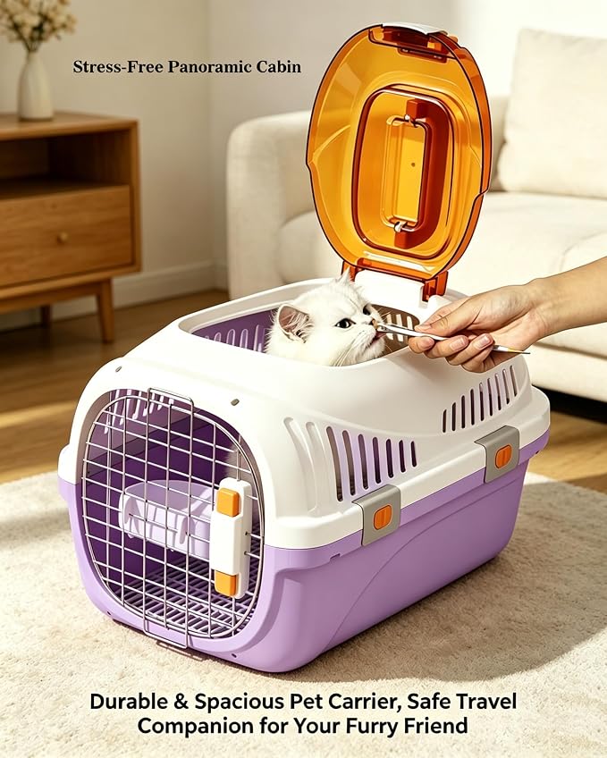 Cat Carrier Airline Approved, Portable Pet Travel Crate with Anti-Stress Design for Cats & Small Dogs, Car Safe Kennel with Top Window (Purple)