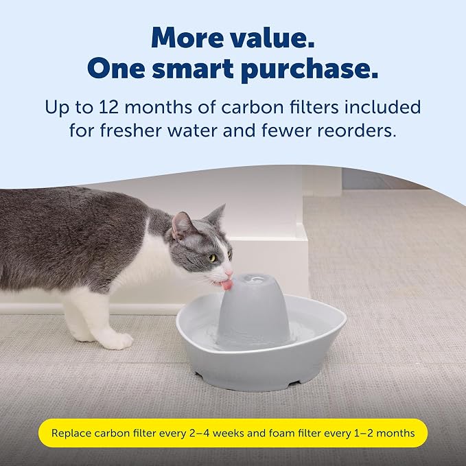 PetSafe Ceramic Pet Fountain for Cats and Small Dogs 60 Oz Water Capacity Whisper-Quiet Water Flow Great for Shy or Timid Pets Fresh, Filtered Water - Extra Carbon and Foam Filters Included