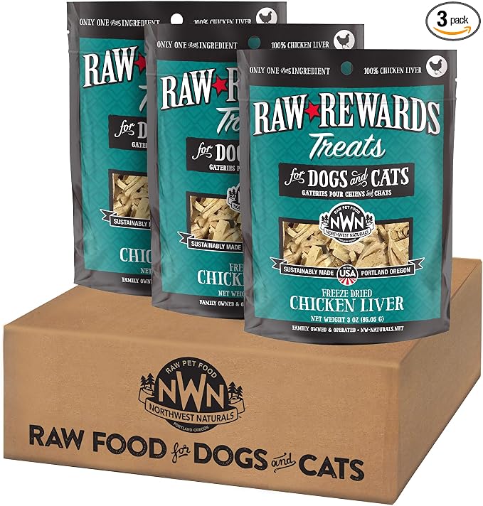 Northwest Naturals Raw Rewards Freeze-Dried Chicken Liver Treats for Dogs and Cats - Bite-Sized Pieces - Healthy, 1 Ingredient, Human Grade Pet Food, Natural, Proudly Made in USA, 3 Oz (Pack of 3)