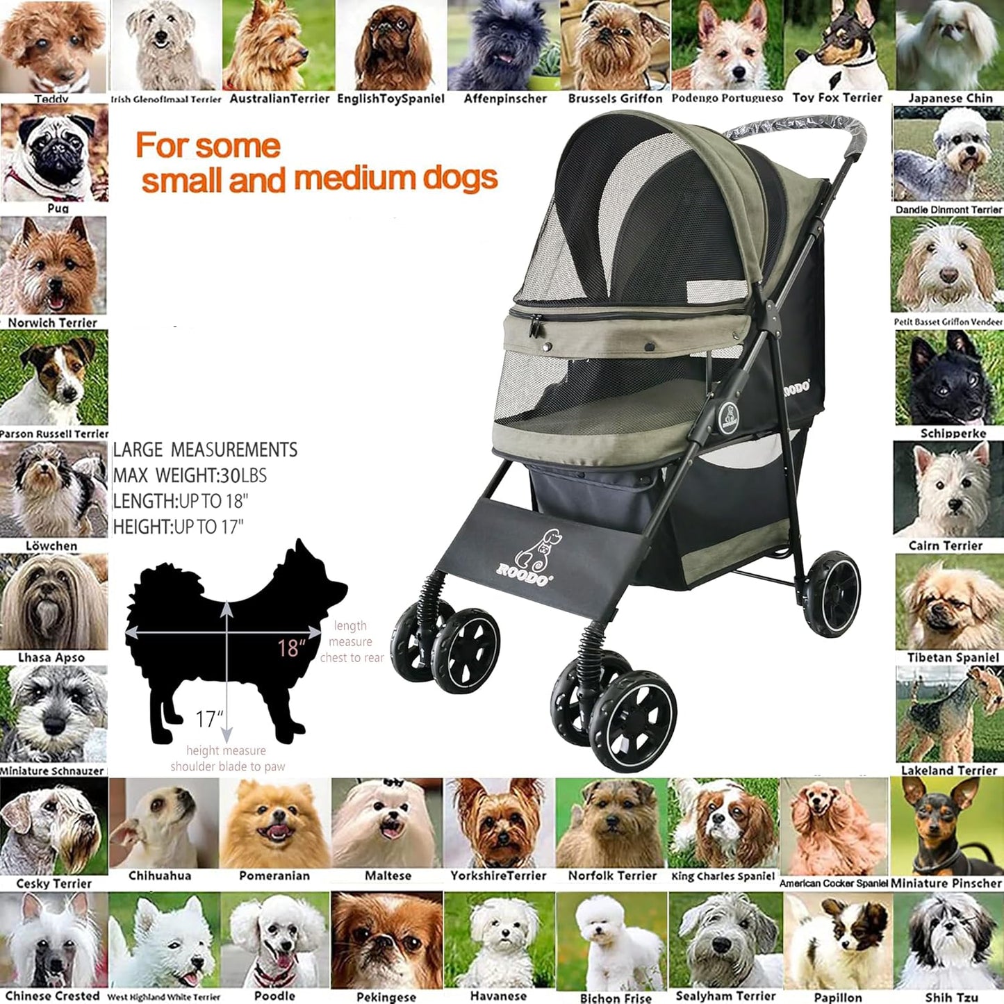 ROODO 4 Wheel Dog Cat Pet Stroller Best Lightweight Foldable Compact Portable Jogger All Terrain Travel Pet Gear Puppy Doggie Bunny Kitty Stroller for up to 30lbs Medium Small Dogs Cats(sage Green)