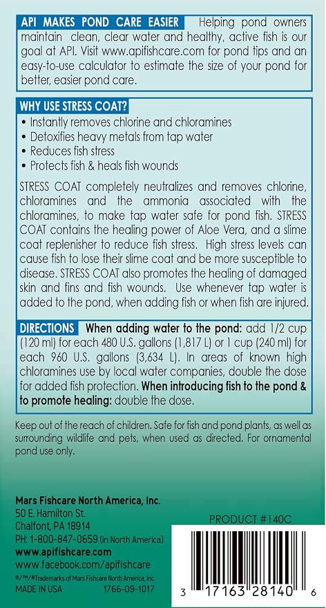 API POND STRESS COAT (1 Gallon) Pond Water Conditioner - Quickly Makes Tap Water Safe for Fish & Plants - Up to 15360 Gallons - Removes Chlorine, Ammonia & More - Natural Aloe Vera
