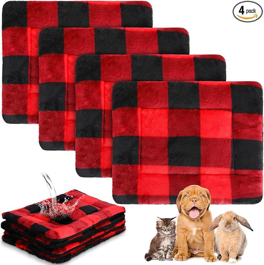 Haull 4 Pcs Waterproof Guinea Pig Bedding Soft Dog Cat Bed Crate Mat Small Animal Plush Cage Liners Rabbit Bunny Kennel Pad Reversible Cozy Pee Thickened Hamster Pad(Christmas Plaid,13 x 18.5 Inch)