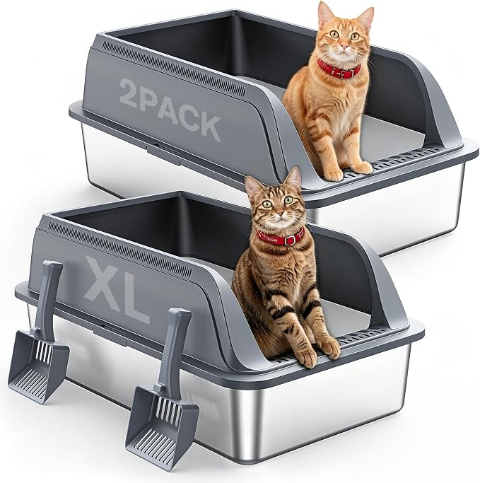 Aphyxen 2Pack XL Stainless Steel Litter Box with High Sides Shield for Multi Cats, 23 "L x 14.61 "W x 9.9 "H Open Top Cat Box for Big Cats, Anti-Leak Non-Stick Odor Control, 2 Scoops, Dark Grey