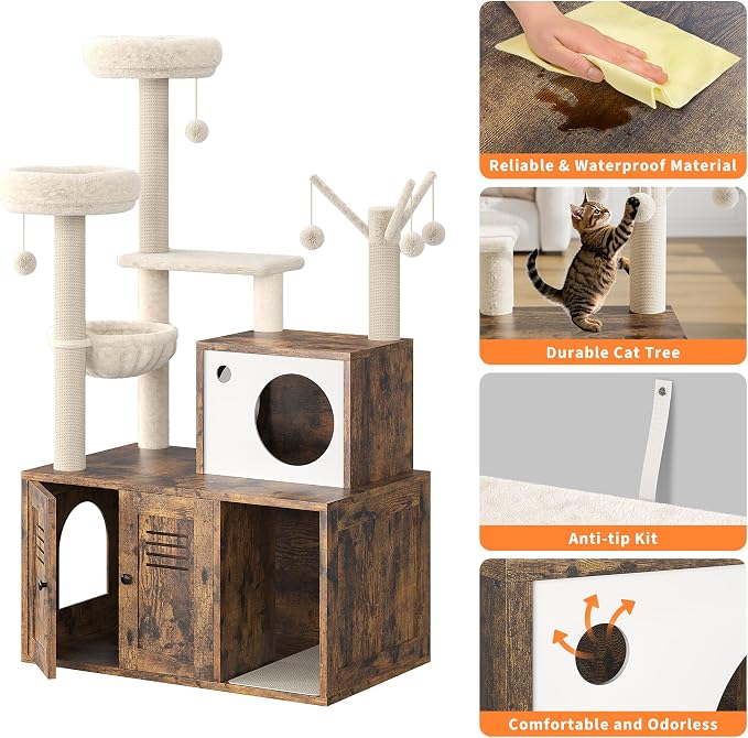 Cat Litter Box Enclosure with Tree Tower and Condo, Hidden Pet Washroom Furniture with Sisal Scratching Post,Hammocks and Soft Plush Perch, Wooden Cat Furniture with Multiple Platforms,Rustic Brown