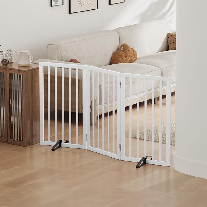 Dog Gates for Doorways, Tall Dog Gate Indoor, Foldable Pet Gates for Doorways Bedroom, Freestanding Puppy Gate with Metal Support Feet, Room Divider 3 Panels (White)