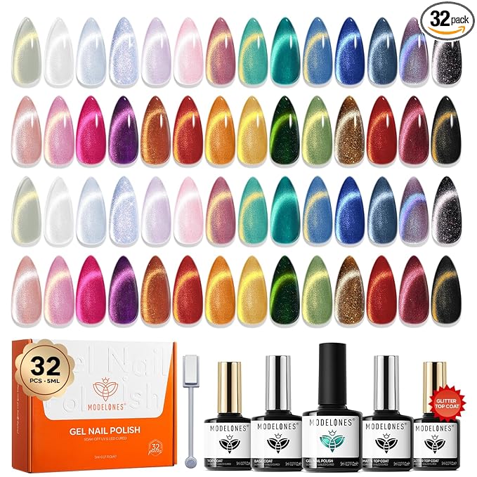 modelones 32 PCS Gel Nail Polish Set, 28 Colors Cat Eye Gel Polish with No Wipe Base Coat, Glitter & Glossy & Matte Top Coat Magnet Glitter Sparkle Off LED Nail Art Kit Salon at Home