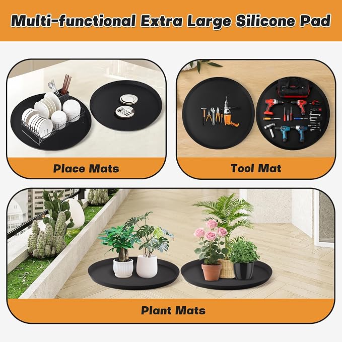 20" Silicone Pet Food Mat, 2PCS Waterproof Feeding Mat for Dog & Cat Extra Large Dog Bowl Mats with Raised Edge, Non-Slip, Protects Floors, Easy to Clean (Black)