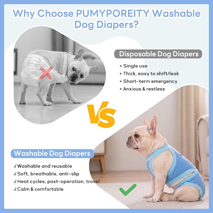 PUMYPOREITY French Bulldog Dog Diaper – Tailored for Short Back & Thick Waist, Reusable Machine Washable Dog Pants for Heat, Marking & Incontinence (Male & Female)